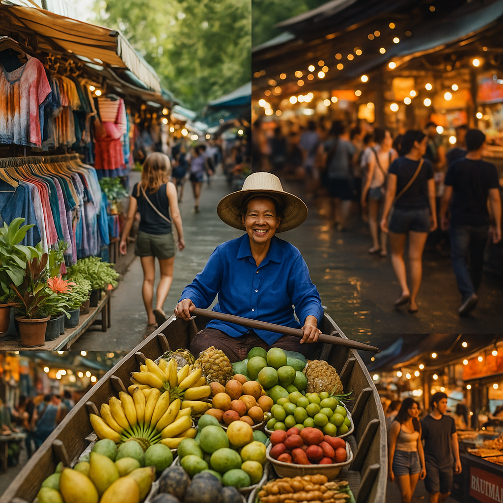 낮에는 형형색색 옷가지와 식물이 가득한 짜뚜짝 주말시장, 중앙엔 과일을 실은 노점상이 미소 짓는 담넌사두억 수상시장, 밤에는 불빛 아래 사람들로 붐비는 야시장의 생동감이 한 이미지