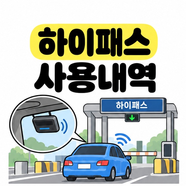 하이패스 사용내역 제목 아래 요금소를 통과하는 자동차와 차량 내부 단말기를 보여주는 그림