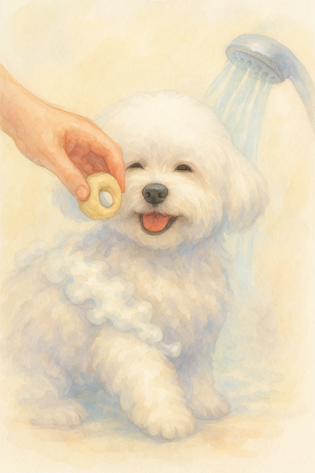 약한 수압의 샤워기로 꼼꼼히 헹구는 장면
강아지는 편안한 표정(스트레스감소 효과 칭찬간식을 주고있음)