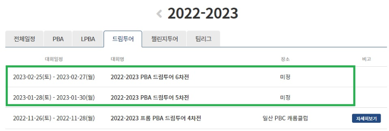 프로당구 2부리그 - 드림투어 경기 대회일정