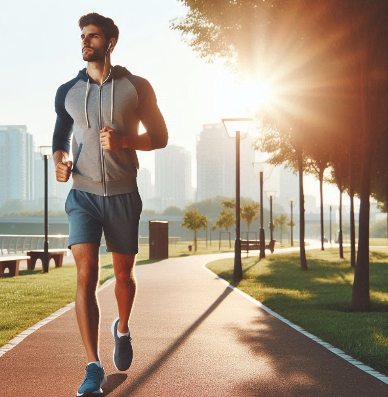 1명의 사람이 공원에서 걷기 운동을 하는 모습