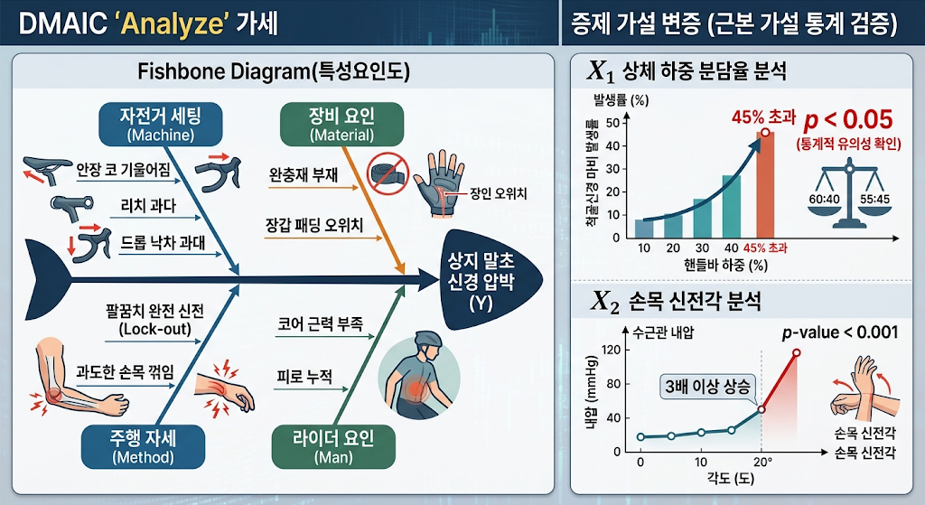 특성요인도와 통계 검증으로 상지 말초 신경 압박 원인(하중·각도)을 규명한 분석 인포그래픽.
