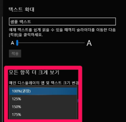 디스플레이 설정 중 모든 항목 더 크게 보기 기능을 안내합니다