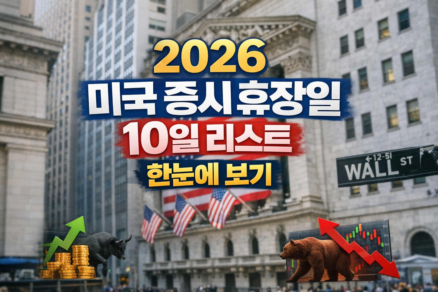 2026년 미국 증시 휴장일 10일 리스트를 한눈에 보여주는 이미지, NYSE와 월스트리트 배경의 미국 주식 휴장 일정 안내