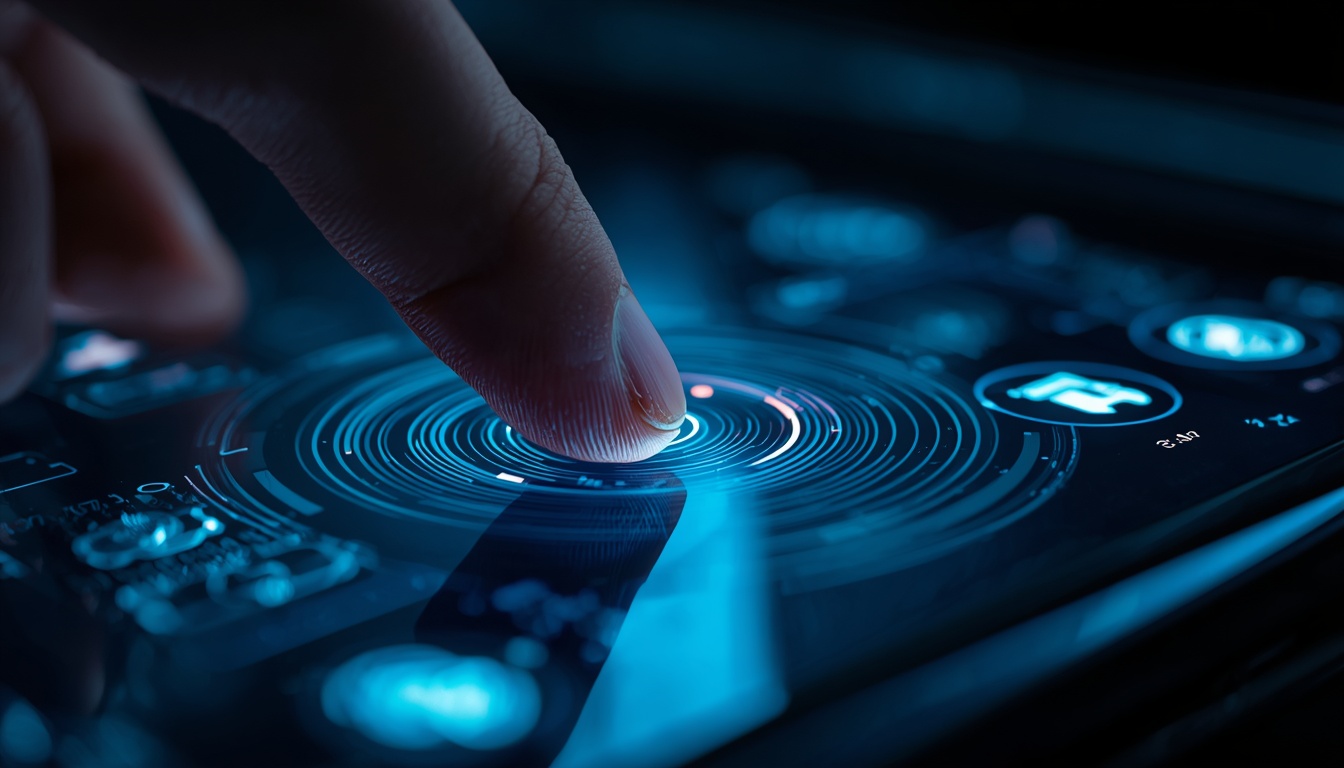 Close-up of a finger interacting with a sleek car touchscreen featuring haptic feedback ripples.
