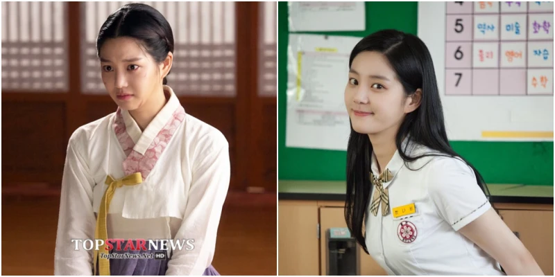 어느 한옥 실내를 배경으로 흰 한복에 댕기머리를 하고 앉아 있는 드라마 밤을 걷는 선비와 교실을 배경으로 교복을 입고 서 있는 어쩌다 18 드라마의 이유비