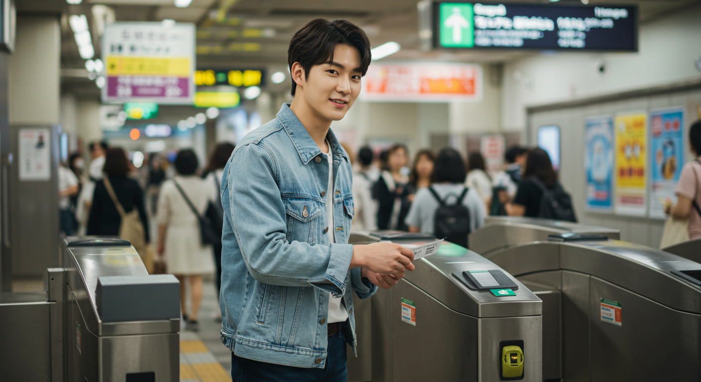 기차역 개찰구에서 티켓을 찍는 한국 남성