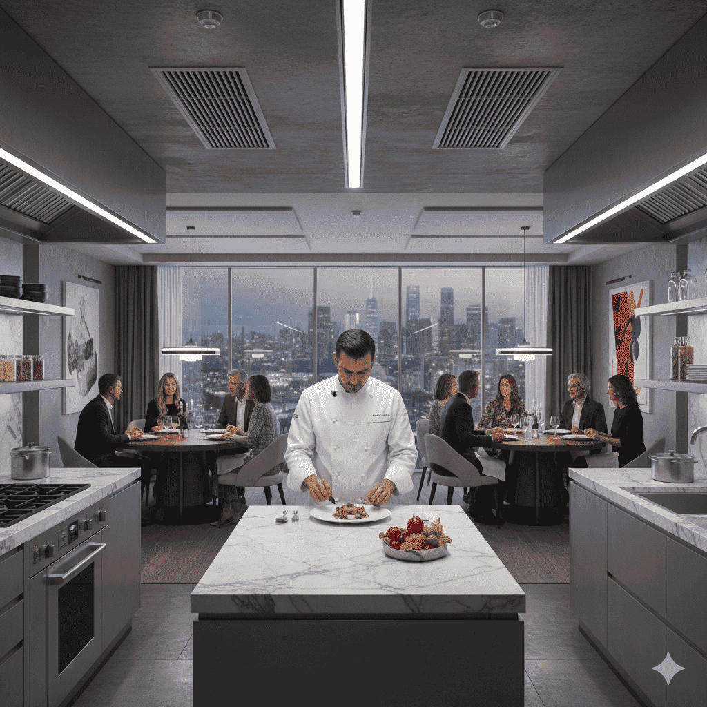 세련된 현대적 인테리어의 단지 내 인하우스 다이닝 룸에서 미슐랭 셰프가 정성스럽게 요리를 준비하는 모습