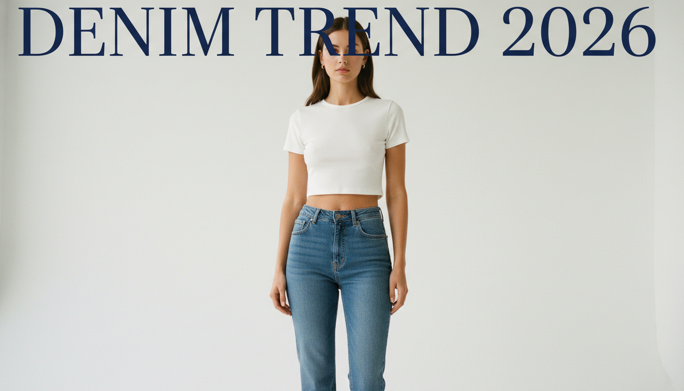 2026년 데님 트렌드를 보여주는 완벽한 골반핏의 미드라이즈 청바지와 화이트 크롭탑 스타일링
