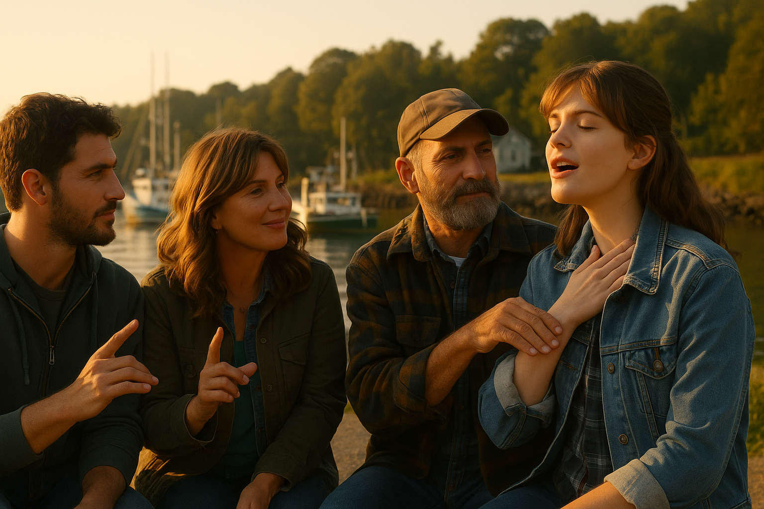 청각장애인 가족과 루비가 어촌에서 함께 있는 모습. 소녀는 노래를 부르며 아버지는 그녀의 성대에 손을 얹고 음악을 느끼고 있다. 따뜻한 햇살이 가족을 감싸는 감동적인 장면.