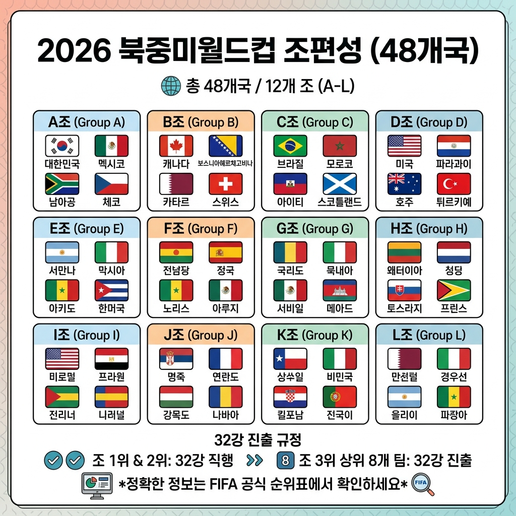 2026 북중미월드컵 조편성 총정리|대한민국 A조 상대·전체 12개 조 확인 인포그래픽