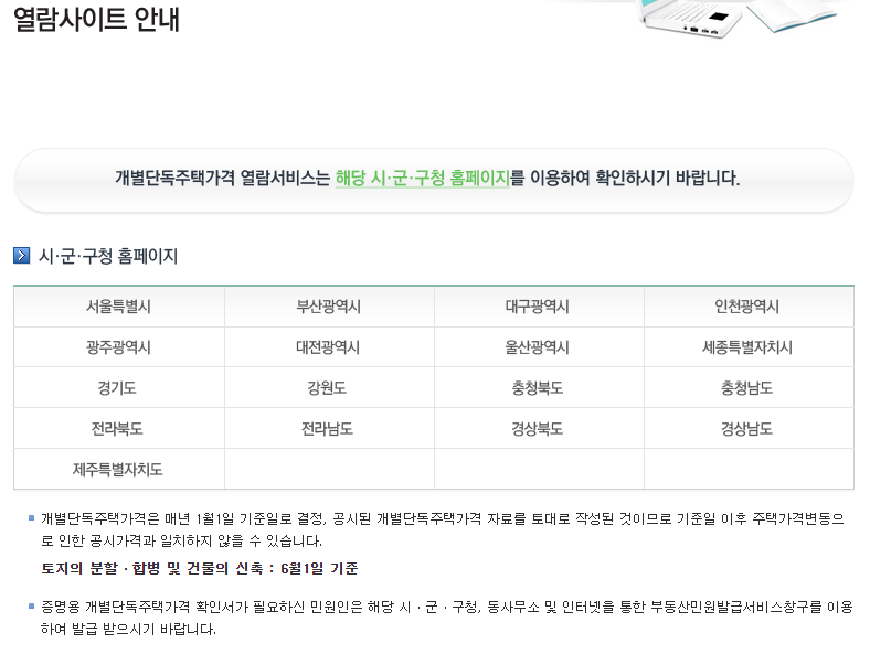개별단독주택가격 확인을 위해 해당 시군구청 홈페이지로 이동을 안내하는 팝업창