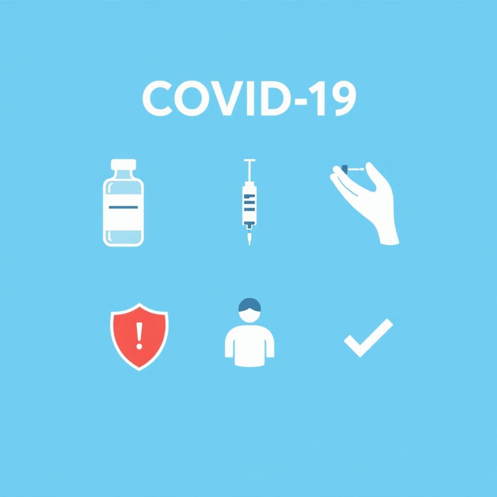 푸른색 계열의 깔끔한 배경 위에 백신, 주사기, 사람, 방패, 체크 표시 등 백신 접종과 관련된 다양한 아이콘들을 모아놓습니다. 각 아이콘은 단순하고 명확한 디자인으로 정보 전달력을 높입니다. 전체적으로 신뢰감을 주는 색상과 레이아웃을 사용하여 예방접종 관련 안내 이미지로 활용하기에 적합합니다