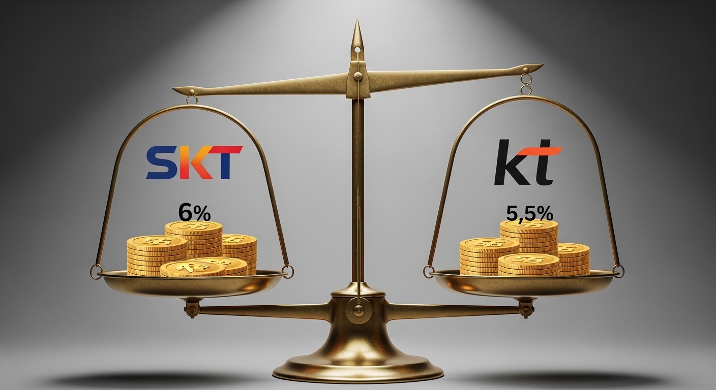 Comparison graphic of a scale with SKT and KT logos on each side with dividend coins stacked, displaying '6% vs 5.5%' numbers in the center.