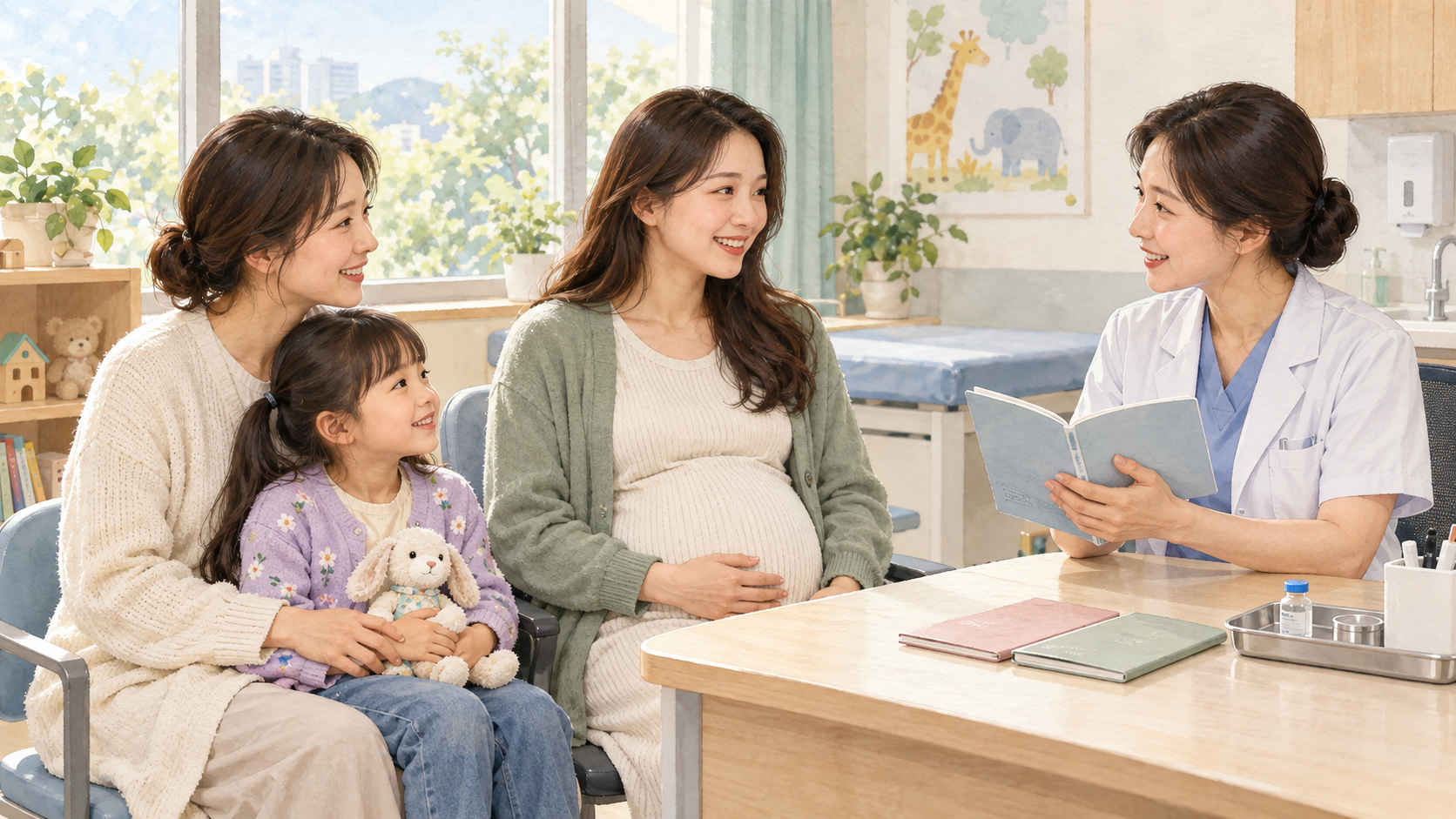 독감 예방접종 지원 기준을 의료진에게 상담받는 어린이 보호자와 임신부