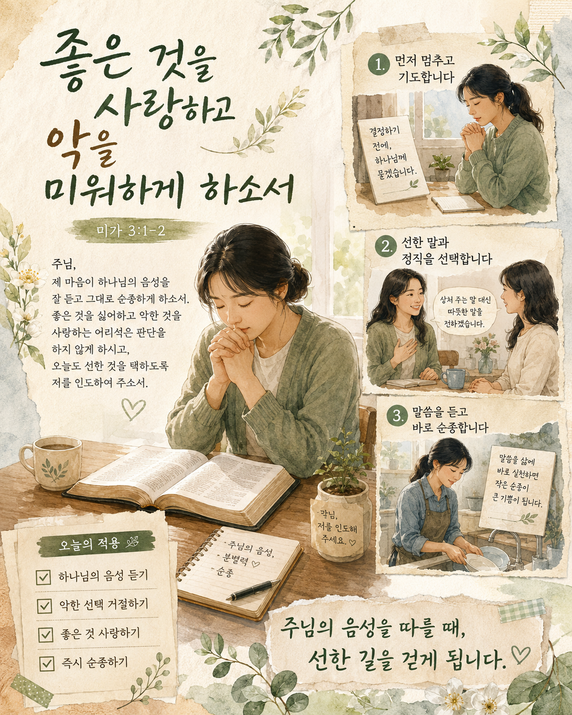 미가 3:1-2 말씀에서 제가 하나님의 음성을 잘 듣고 그대로 순종해야 할 것이 동기부여 되었습니다. 그렇지 않고 좋은 것을 싫어하고 악한 것을 사랑하는 어리석은 행동과 판단을 하지 않기를 기도합니다. 제가 악한 것을 사랑하고 좋은 것을 싫어하는 결정과 판단을 하지 않으려는 시도를 한가지 이상 하는 모습입니다.