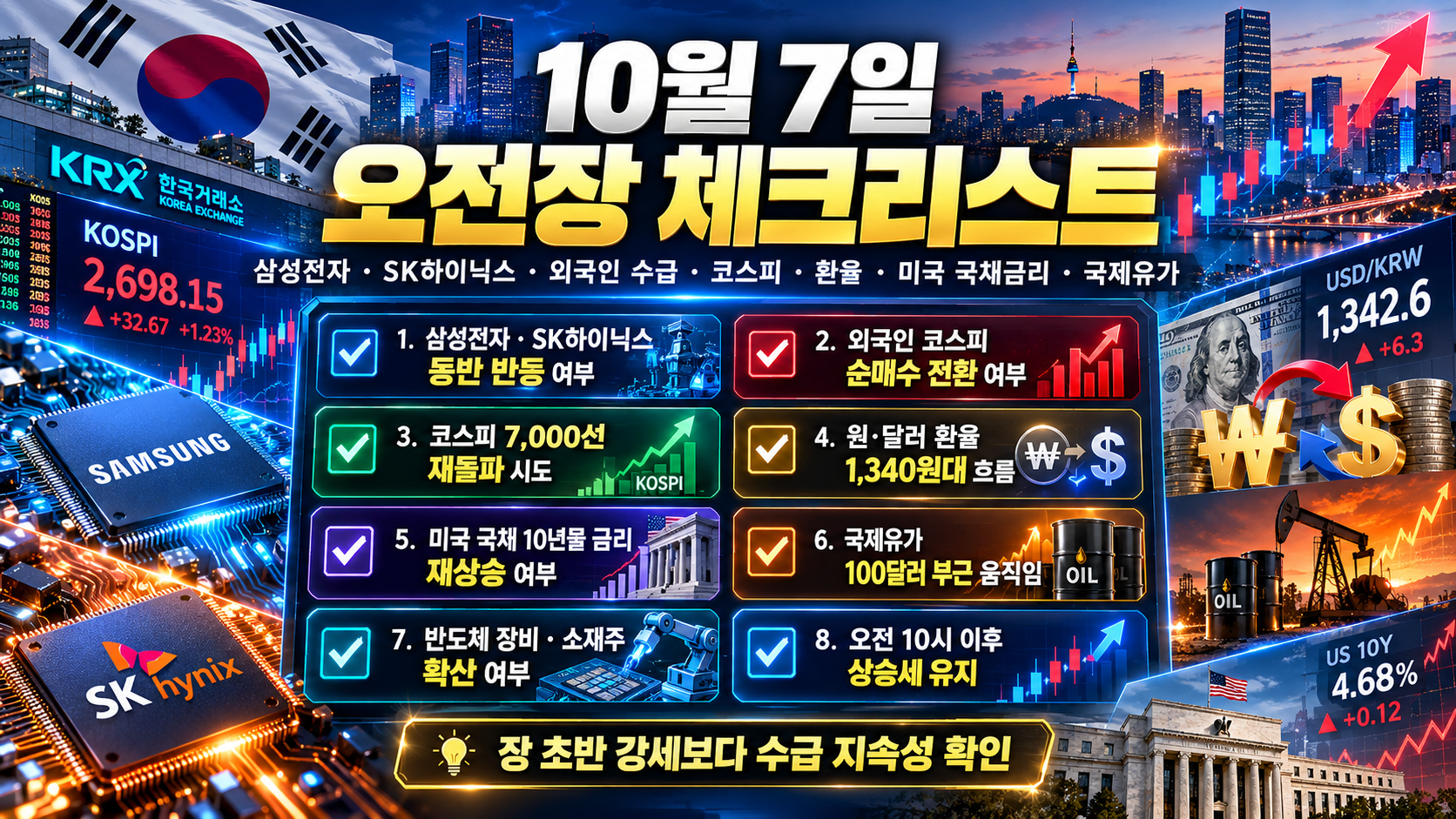 삼성전자 SK하이닉스 외국인 수급 코스피 환율 미국 국채금리 국제유가를 확인하는 10월 7일 오전장 체크리스트