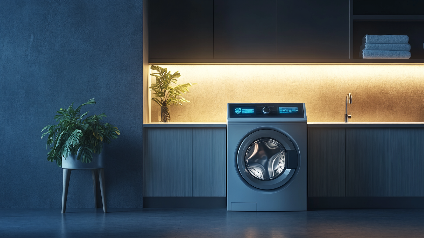 에너지 효율적인 기능과 세련된 디자인이 돋보이는 현대적인 세탁실의 모습으로, 고급스러운 AI 세탁기가 돋보이고, 따뜻한 조명이 아늑한 분위기를 연출합니다.