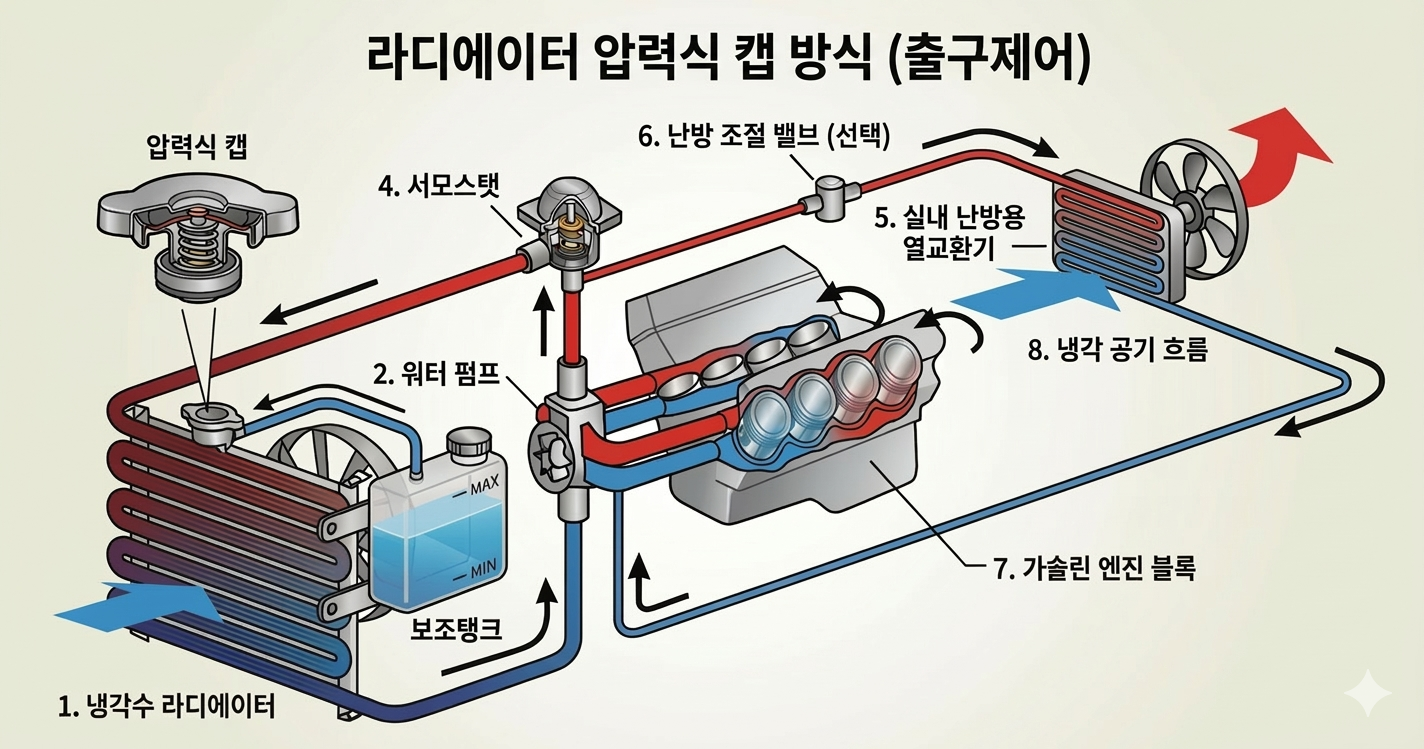 라디에이터 압력식 캡-냉각수 출구제어 방식의 냉각수 순환 다이어그램.