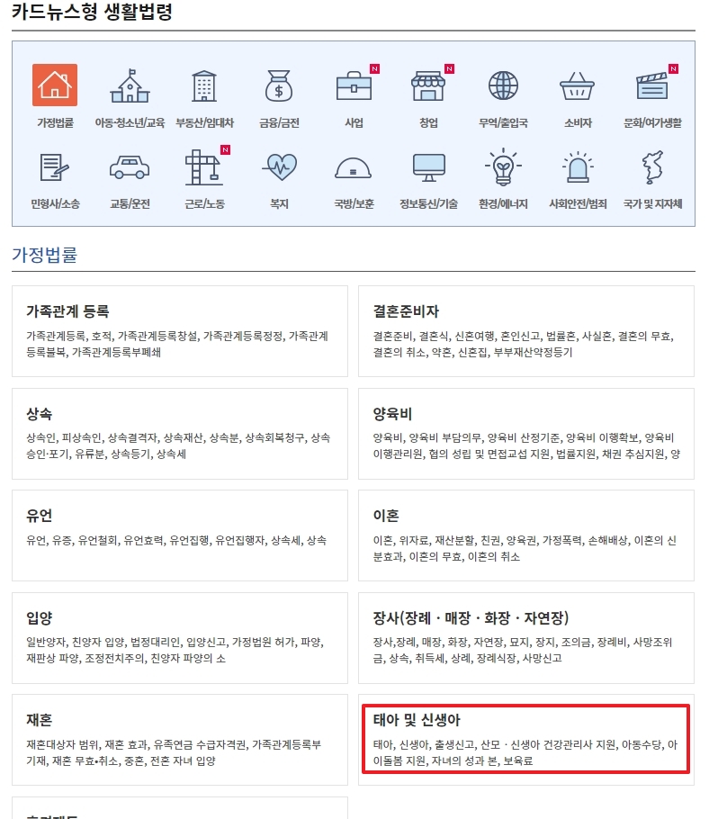가정법률 카테고리에서 태아와 신생아 관련 정보를 확인하는 과정
