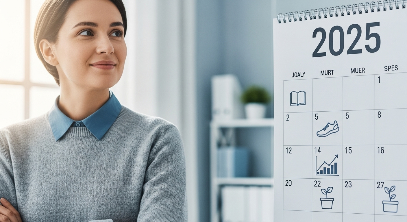 2025년 달력을 바라보며 새해 목표를 다짐하는 사람의 모습, 성공적인 목표 설정을 상징하는 다양한 아이콘.