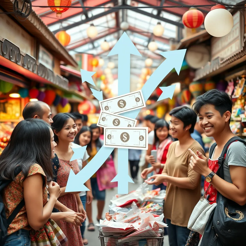 전통 시장이나 동네 상점가를 배경으로, 사람들이 밝게 웃으며 활발하게 물건을 구매하고 상인들이 활기차게 응대하는 모습을 담습니다. 소비쿠폰이 화살표 모양으로 경제를 순환시키는 그래픽 요소를 추가하여 역동적인 느낌을 강조할 수 있습니다.