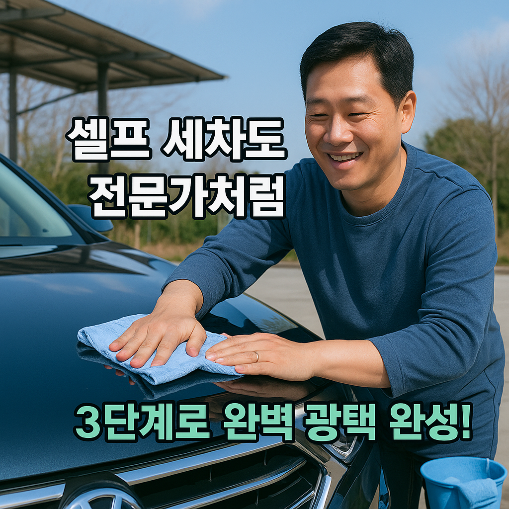 맑은 날 야외 셀프세차장에서 세차하는 남성 운전자