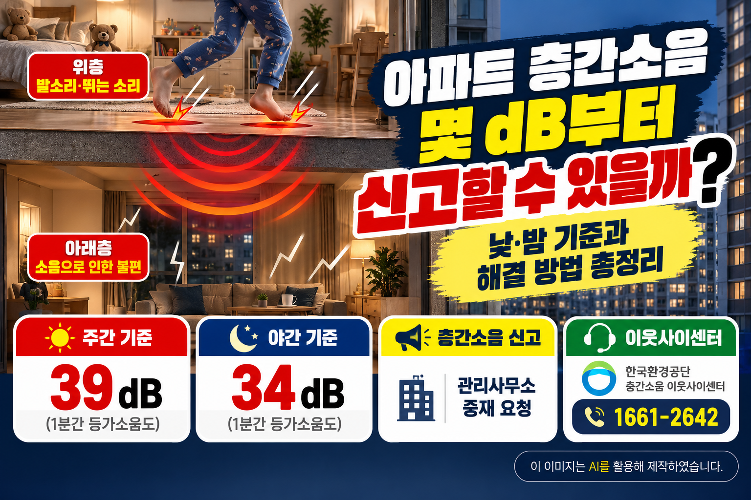 아파트 위층에서 발생한 발소리와 뛰는 소리가 아래층으로 전달되는 모습을 표현하고, 층간소음 법적 기준인 주간 39dB&middot;야간 34dB(1분간 등가소음도), 관리사무소 신고 방법 및 한국환경공단 층간소음 이웃사이센터 상담 전화 1661-2642를 안내하는 이미지