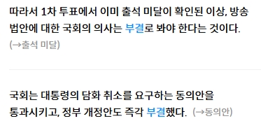 국회 법안 처리 과정에서 사용되는 부결의 쓰임새 확인