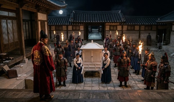 반정 성공 직후, 신수근의 딸이라는 이유로 궁에서 쫓겨나야 하는 단경왕후 신씨를 바라보는 중종의 무력함. 곤룡포를 입고 용상에 앉아 있으나, 조강지처가 가마를 타고 궁을 떠나는 모습을 멀리서 바라보며 눈물을 삼키는 모습