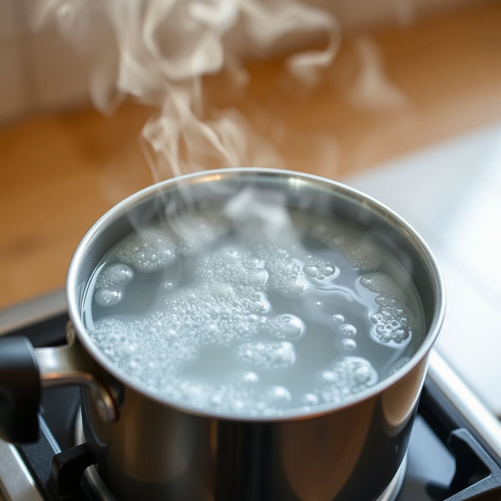 가스레인지나 인덕션 위에서 냄비 안의 물이 보글보글 끓기 시작하는 모습입니다. 김이 모락모락 피어오르는 효과를 주어 열기를 강조합니다.