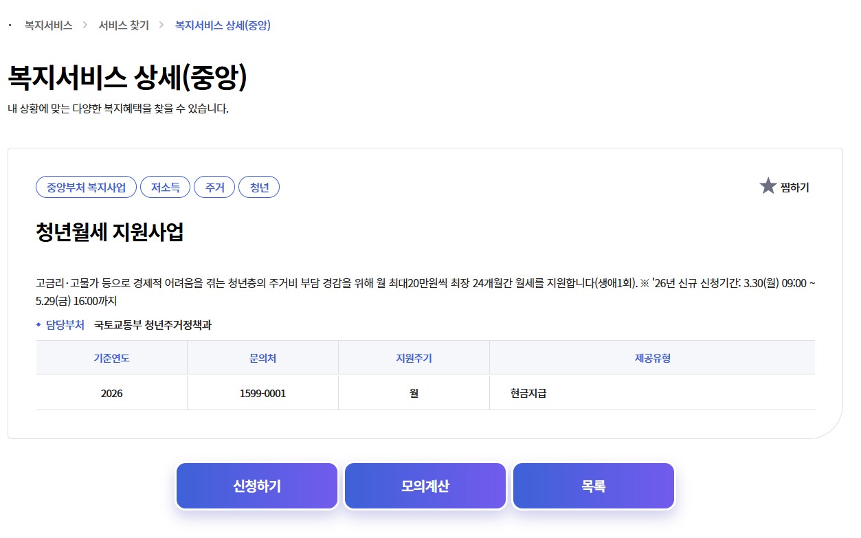 복지로 홈페이지 마이페이지에서 청년 월세 특별지원 심사 결과가 부적격 판정으로 표시된 화면