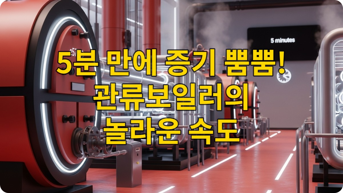 관류보일러의 복잡하고 효율적인 내부 시스템이 강조된 현대적인 산업 시설 전경. 증기가 빠르게 생성되는 모습을 상징하는 붉고 푸른 빛의 파이프들이 보이며, 고속 증기 생산의 핵심 기술을 시각적으로 표현합니다.