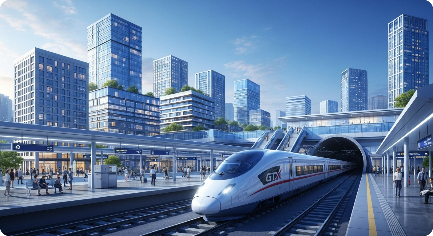 GTX 고속열차가 미래 도시 역으로 진입하는 모습,