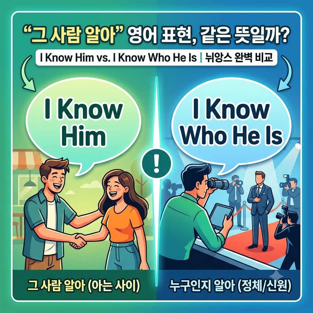 그 사람 알아" 영어 표현의 뉘앙스 차이를 비교하는 티스토리 블로그 썸네일 이미지입니다.

이미지는 중앙을 기준으로 왼쪽의 초록색 영역과 오른쪽의 파란색 영역으로 나뉘어 두 표현을 대조하고 있습니다. 상단에는 "그 사람 알아" 영어 표현, 같은 뜻일까?라는 한글 제목과 그 아래 영어로 I Know Him vs. I Know Who He Is ❘ 뉘앙스 완벽 비교라는 소제목이 적혀 있습니다. 중앙에는 느낌표(!) 아이콘이 위치해 두 표현의 차이를 강조합니다.

왼쪽 영역(I Know Him):
상단에 영어로 "I Know Him"이라고 쓰인 말풍선이 있습니다. 아래에는 캐주얼한 복장을 한 남녀 두 명이 환하게 웃으며 악수를 하고 있는 삽화가 그려져 있어 '서로 아는 사이'임을 시각적으로 보여줍니다. 이미지 하단에는 한글로 "그 사람 알아 (아는 사이)"라는 설명이 추가되어 있습니다.

오른쪽 영역(I Know Who He Is):
상단에 영어로 "I Know Who He Is"라고 쓰인 말풍선이 있습니다. 아래에는 한 남성이 카메라와 태블릿을 들고 레드카펫 위에 서 있는 유명인(정장 차림)을 관찰하거나 촬영하는 삽화가 그려져 있어 '개인적 친분은 없지만 정체를 아는 상태'임을 보여줍니다. 주변에는 다른 카메라 기자가 있는 기자회견장 분위기입니다. 이미지 하단에는 한글로 "누구인지 알아 (정체/신원)"라는 설명이 추가되어 있습니다.