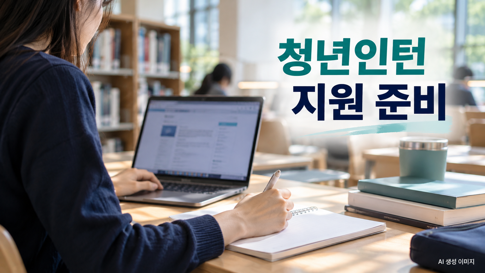 도서관 책상에서 노트북과 노트로 청년인턴 지원을 준비하는 AI 이미지