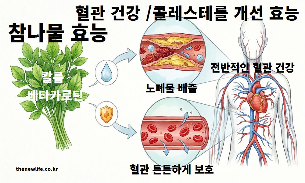 참나물 효능이 혈관 건강을 보호하고 콜레스테롤 개선에 도움을 주는 원리를 설명하는 이미지