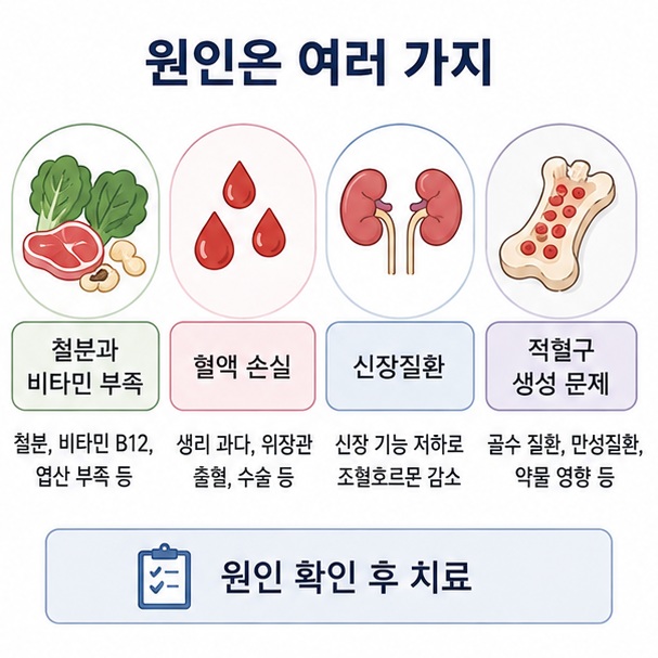 철분과 비타민 부족, 혈액 손실, 신장질환 등 적혈구 수치가 낮아질 수 있는 여러 원인을 정리한 이미지