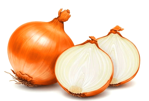 갈색 껍질을 가진 둥그런 통양파와 반으로 자른 양파 2조각이 있다.