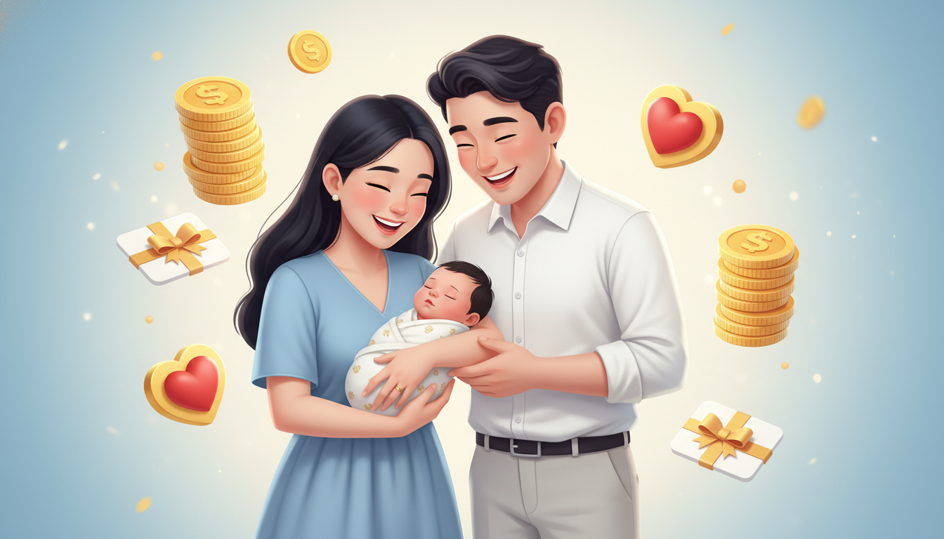 2026년 확대된 출산 지원금 혜택을 받고 행복해하는 한국 가족의 모습과 금융 지원 아이콘
