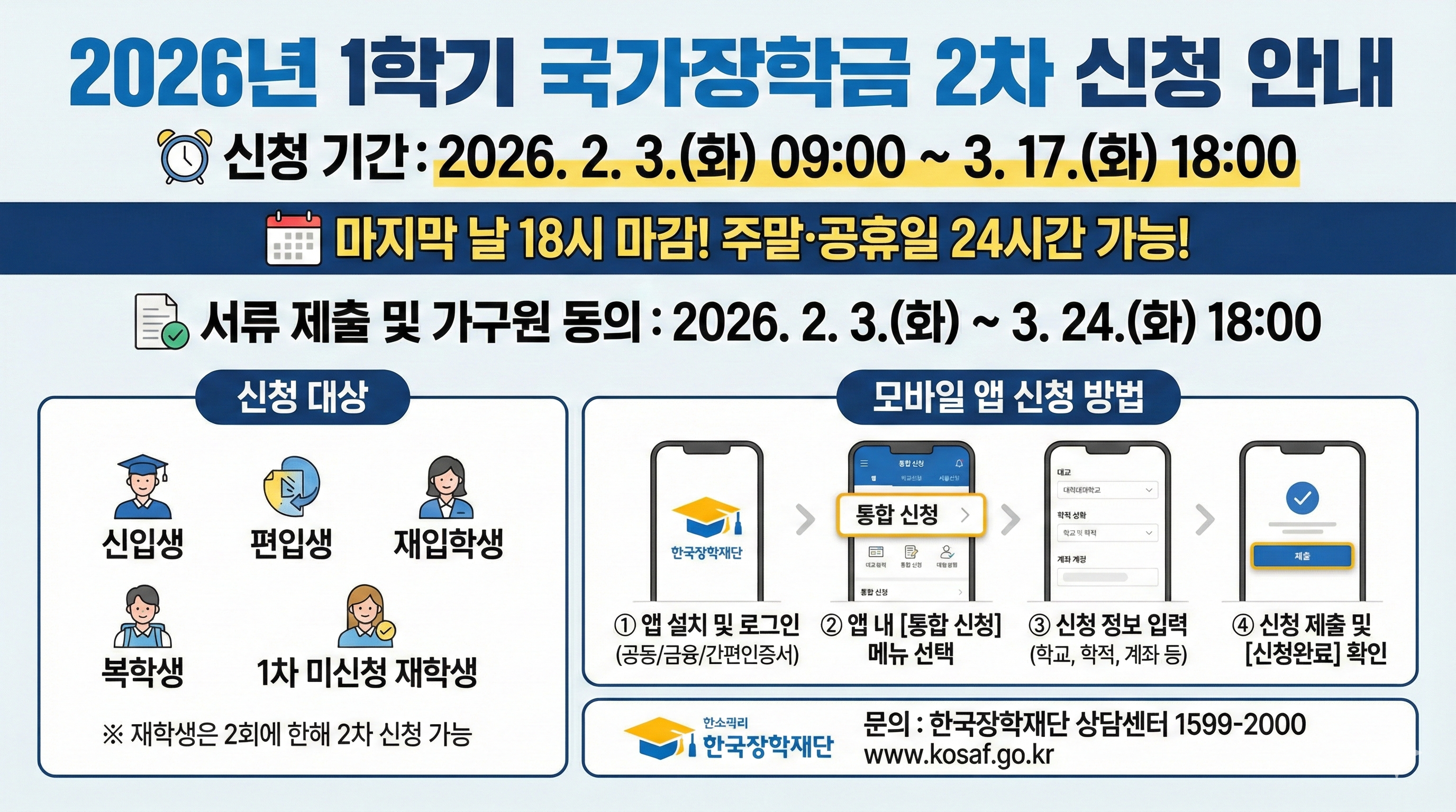 2026년 1학기 국가장학금 2차 신청 기간과 모바일 앱 신청 방법을 시각화한 그래픽 이미지