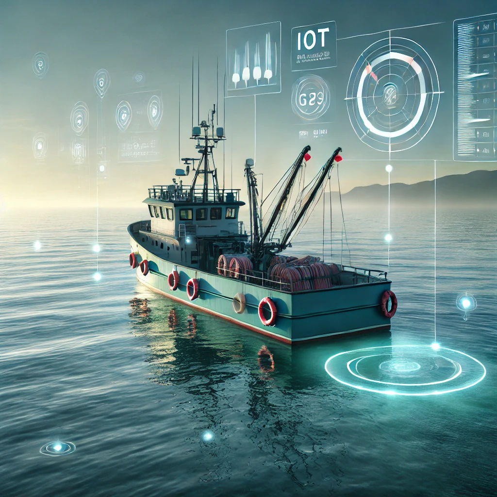실시간 데이터 기반 관리 기술을 사용하는 어선, IoT 센서와 GPS 시스템을 장착하여 효율적이고 친환경적인 어업을 실현하는 모습