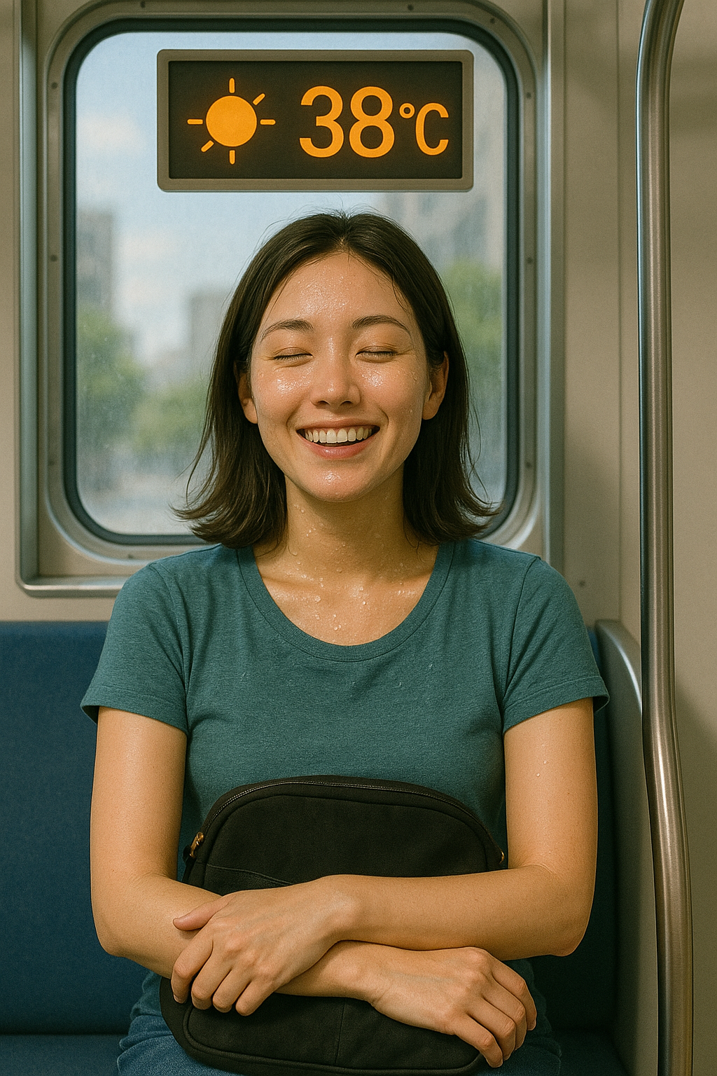 땀을 흘리다가 시원한 지하철 안에 탑승한 여성의 모습입니다.