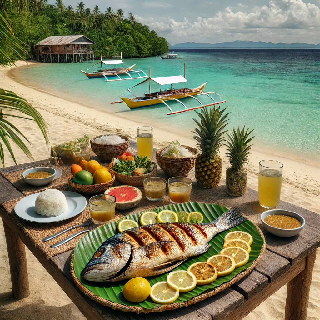 파밀라칸 섬의 전경과 함께 세팅된 생선 바베큐 접시