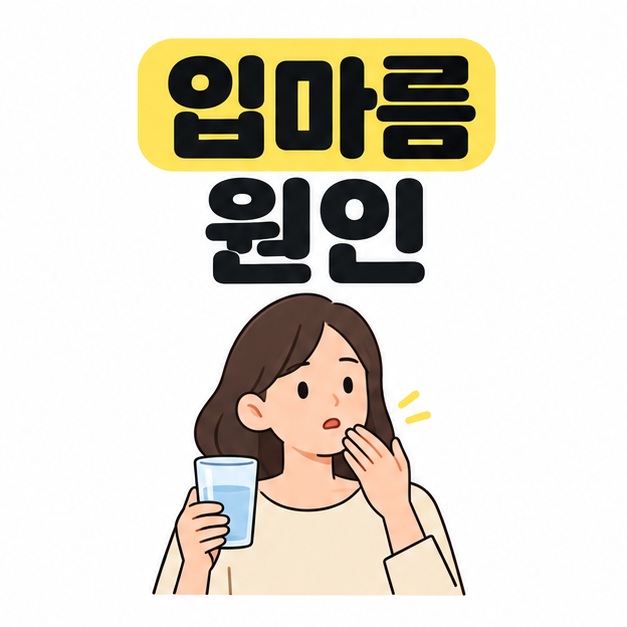 입마름 원인 제목 아래 물컵을 들고 입 주변에 손을 댄 성인의 모습