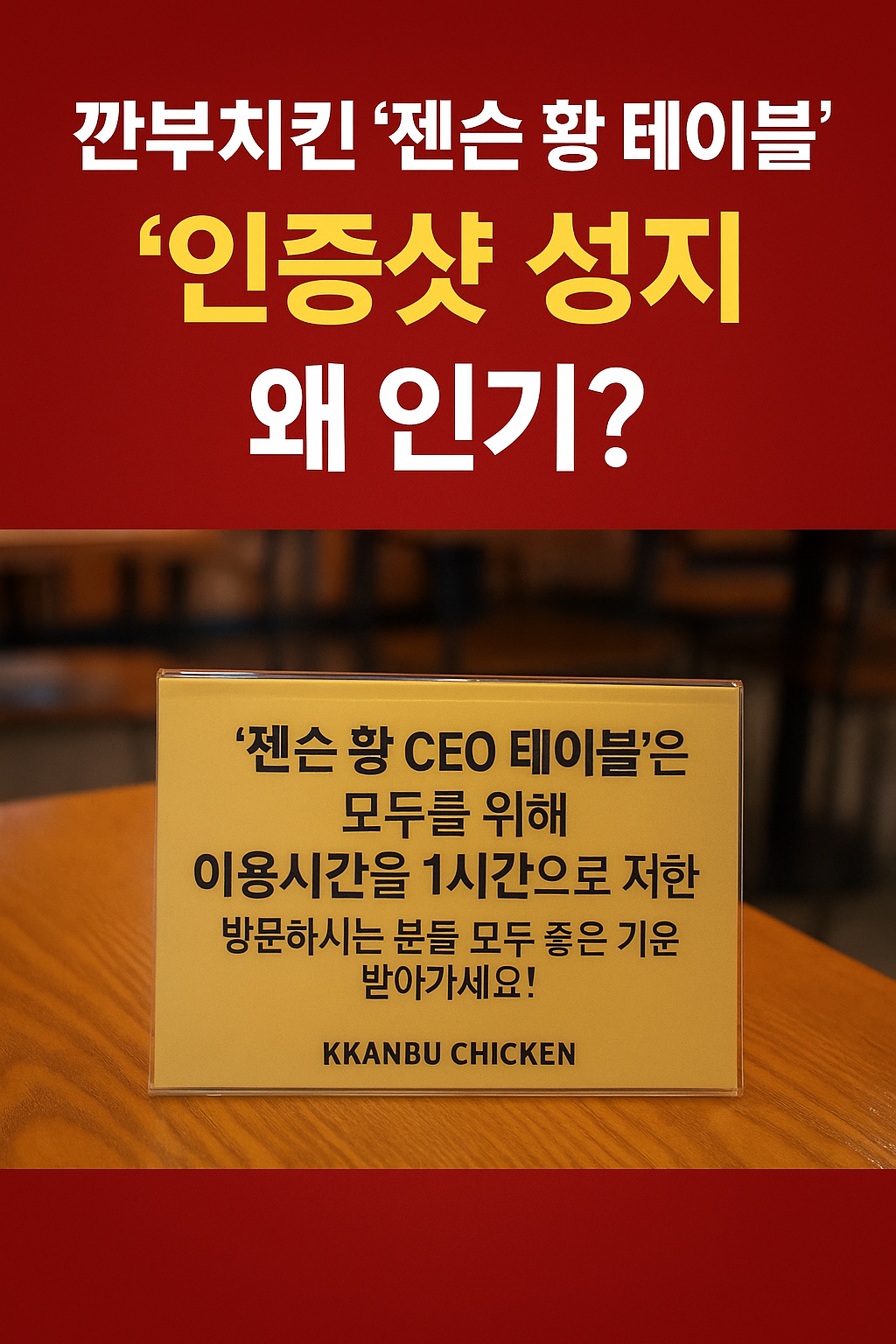 깐부치킨 삼성점 젠슨 황 CEO 테이블 인증샷 성지 안내문과 인기 폭발 이유를 강조한 썸네일 이미지