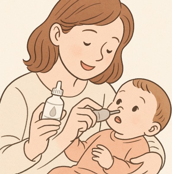 아기의 코막힘을 완화해주기 위해 생리식염수를 넣고 흡입기를 사용하는 장면