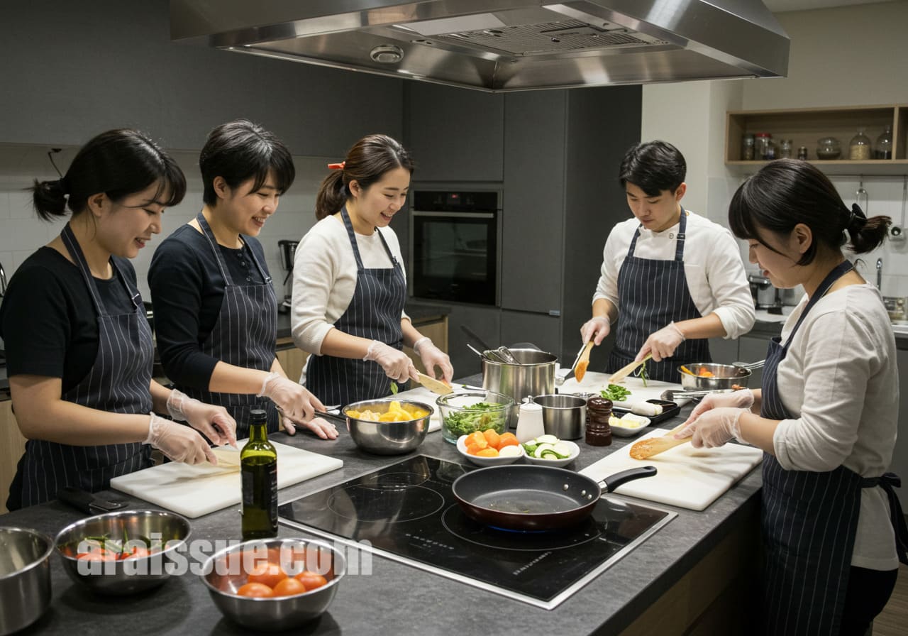 복지관 주방에서 참여자들이 즐거운 표정으로 요리실습을 하고있다.