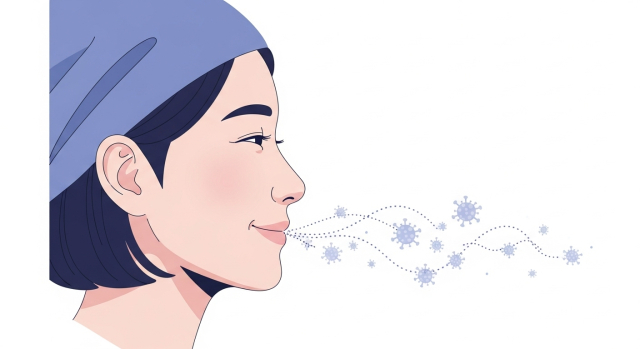 겉으로 멀쩡해 보여도 침에서 바이러스가 나올 수 있는 무증상 배출 개념 이미지