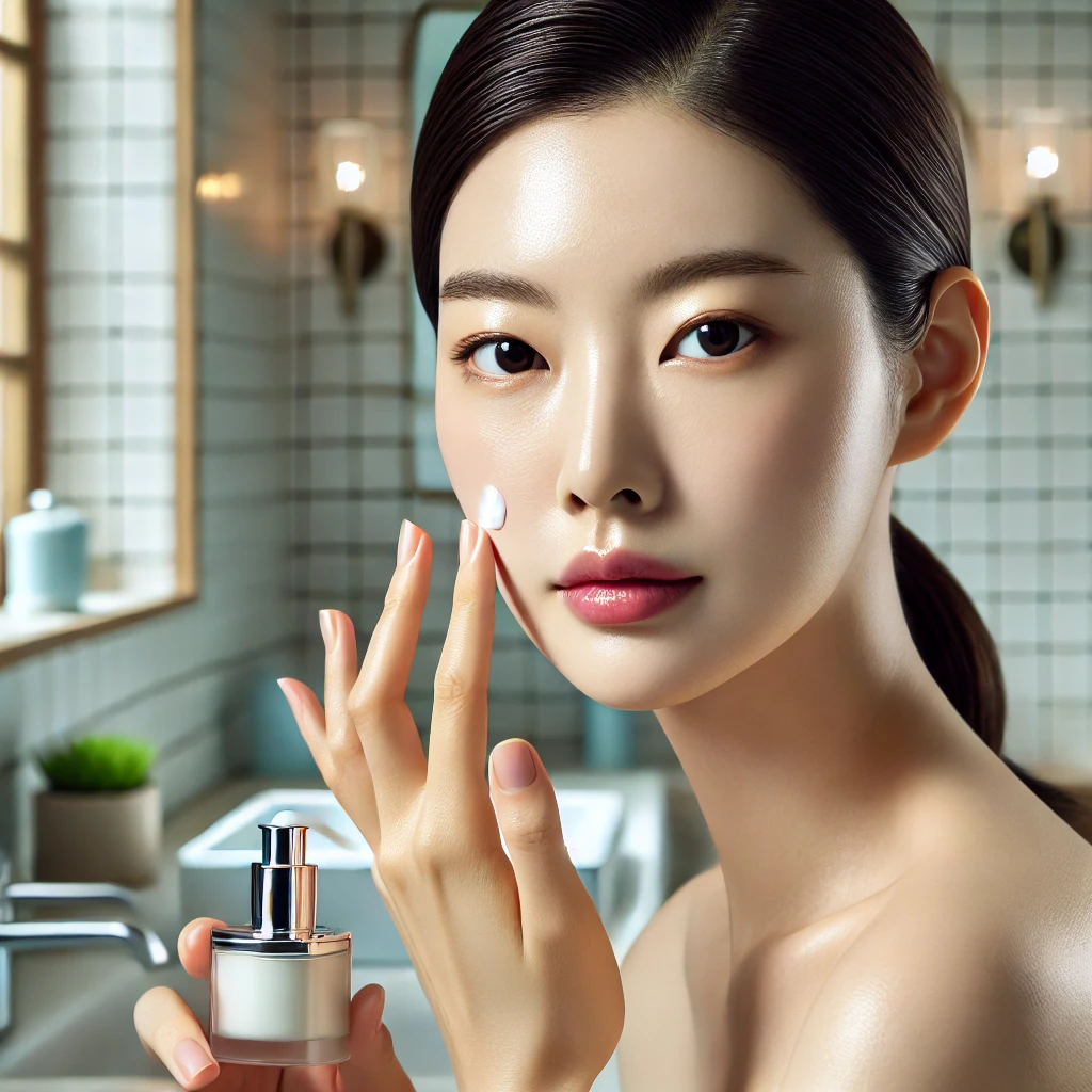 우아한 여성, 스킨케어 루틴, 얼굴에 크림 바르기, 부드러운 조명, 현대적인 욕실, 무결점 피부, 사실적, 높은 디테일, 고요한 표현, 전문 사진, 뷰티 및 웰니스, 스파 데이, 미니멀리즘 디자인, 뉴트럴 컬러
